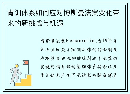 青训体系如何应对博斯曼法案变化带来的新挑战与机遇
